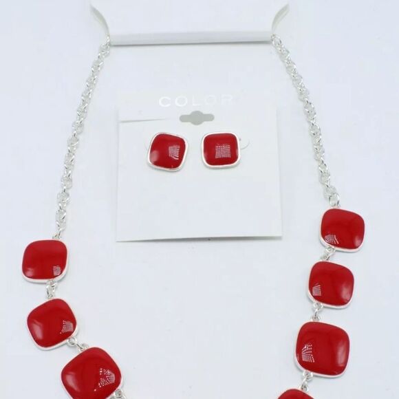 Silver Necklace & Earrings with Gloss Red Enamel NWT 18" - Picture 5 of 5
